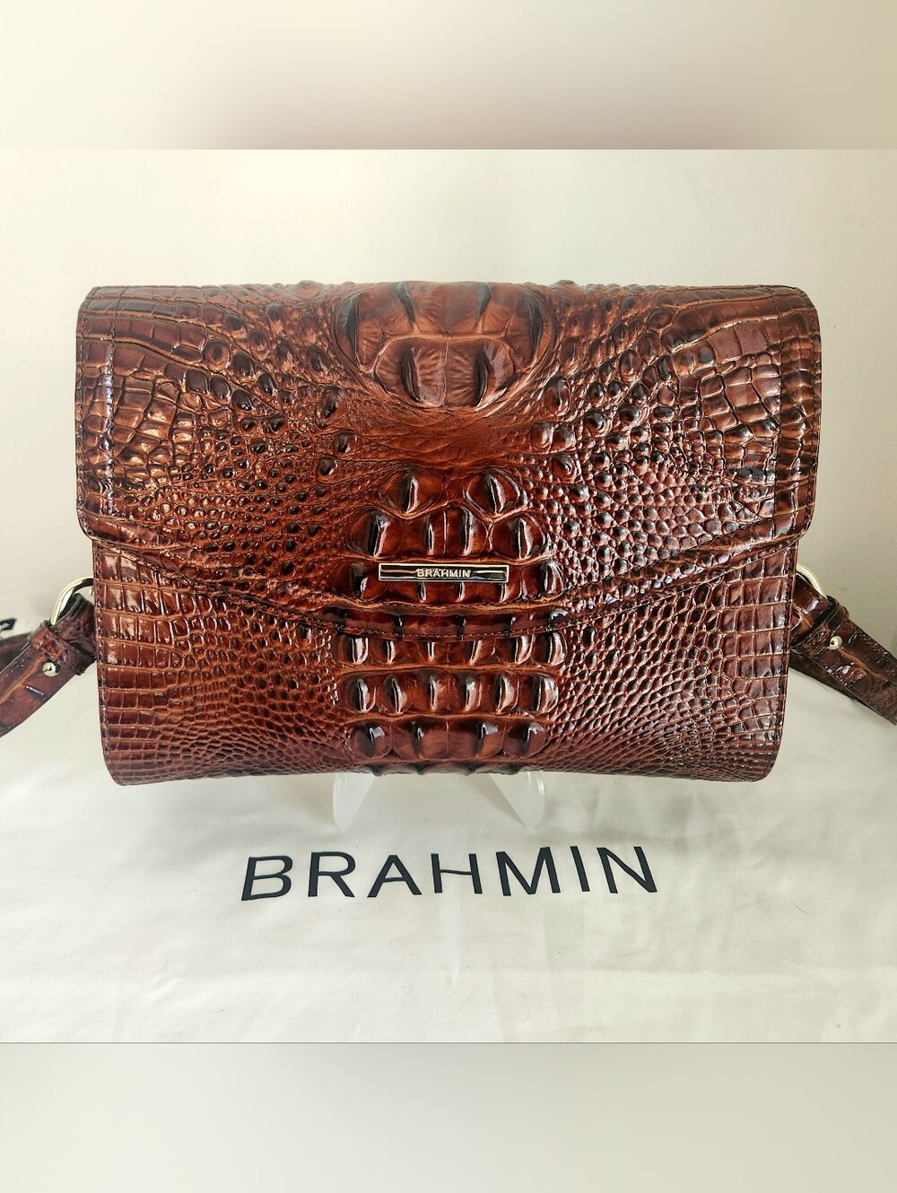 Brahmin Jacquelyn Croc-Embossed Leather Shoulder Bag Clutch Pecan Melbourne